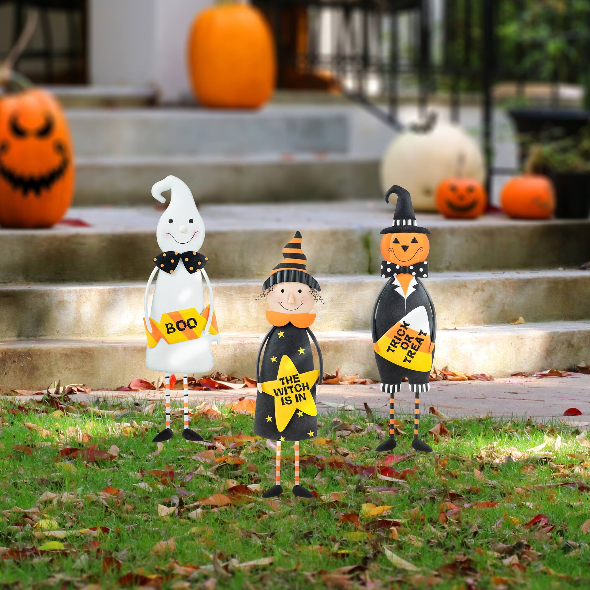 Glitzhome® 2ft. Halloween Metal Ghost, Witch and Pumpkin Yard Stake Set